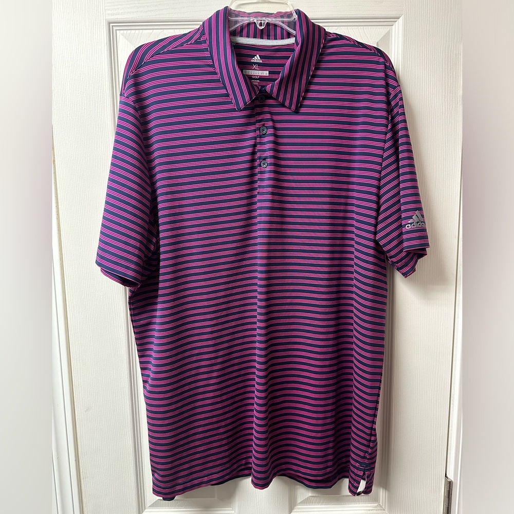 Adidas Golf Polo Shirt Mens Size XL Navy Blue & Pink Striped Short Sleeve